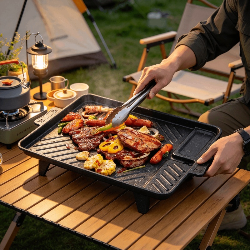 Camping Hiking Cooking - 持ち運び可能な韓国風グリルプレート。チタン製の焦げ付き防止コーティングが施されており、屋外でのキャンプや家庭での料理に最適。