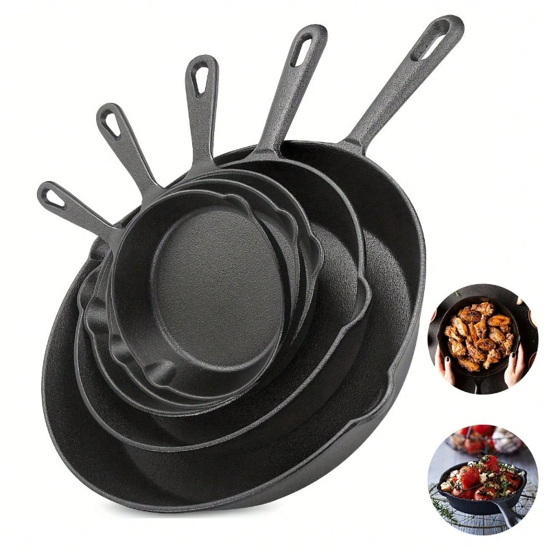 Quality Camping Cooking Set - 黒色の3/4/5個入り鋳鉄製フライパン、油切り口付き、オーブン対応、屋内・屋外での調理に最適。キャンプ、バーベキュー、レストランでの使用に。高品質な調理器具、鍋、フライパン。