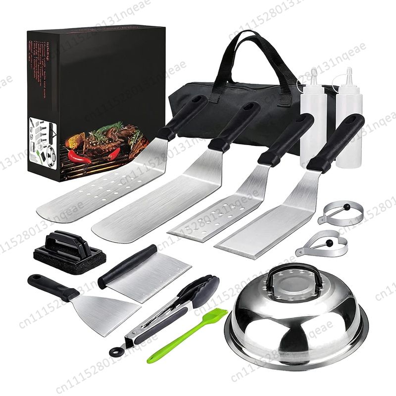 Camping Cooking Flat Top - フラットトップグリルトレイ用アクセサリーキット、屋外用鉄板焼きバーベキュー調理セット、キャンプ用20点セット、トートバッグ付き