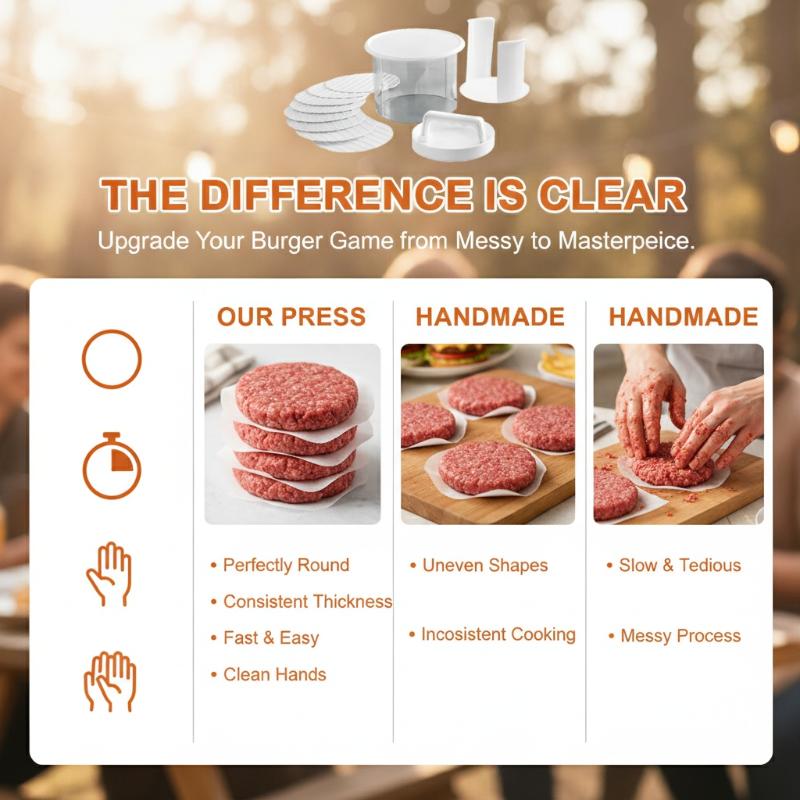 Camping Cooking Container - キャンプや屋外での調理に最適な、多層構造で焦げ付き防止加工が施され、食品グレードの素材を使用したハンバーガーパティメーカー。収納容器付き。