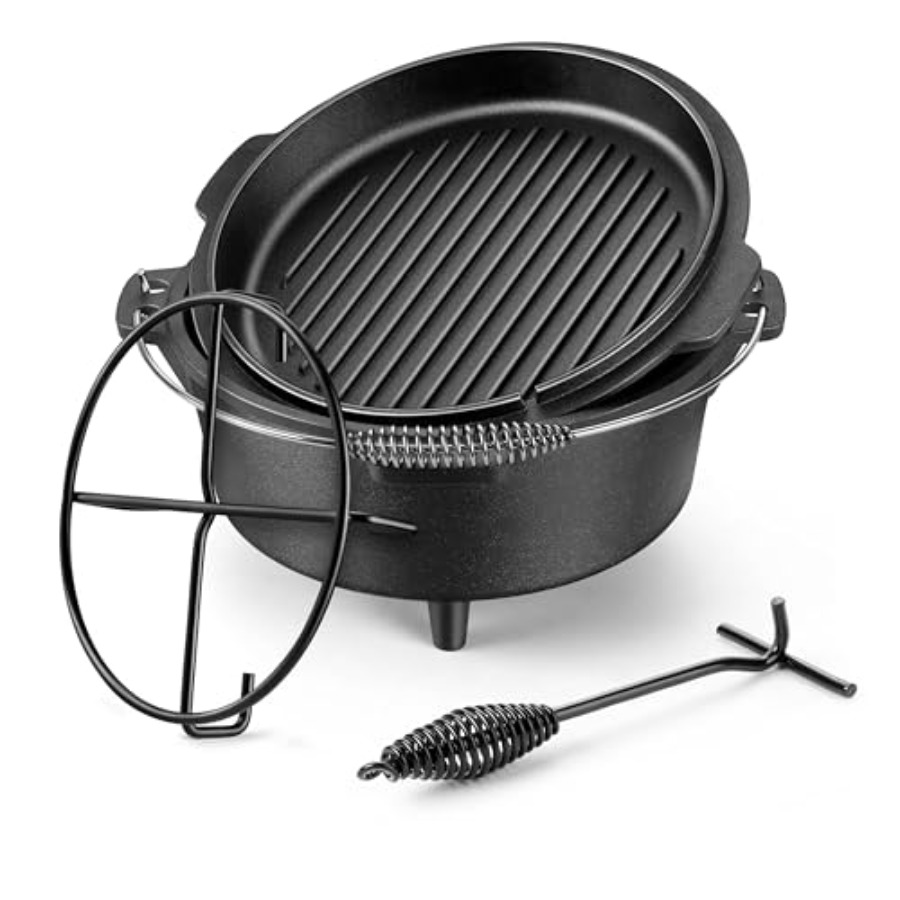 Camp Dutch Oven Cast - 7クォート鋳鉄製ダッチオーブン、大型2in1キャンプ用プレシーズン加工済み深鍋と蓋付きフライパン、重厚7クォート多機能調理器具