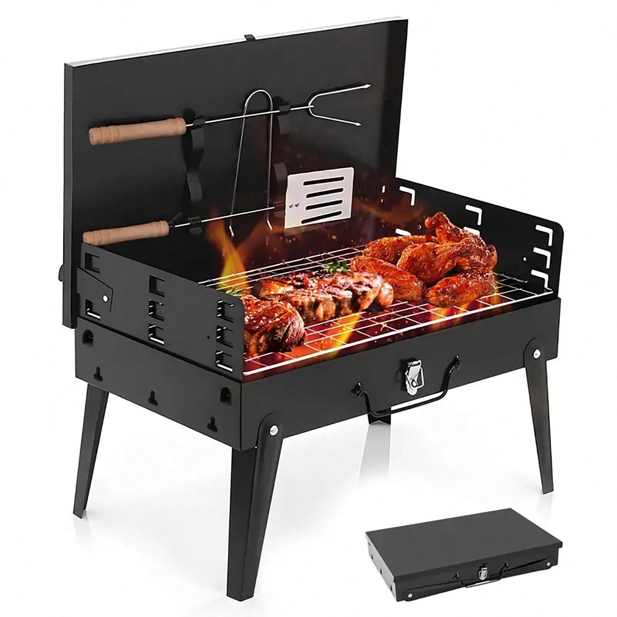 小型の携帯用炭火焼きグリル1台。折りたたみ式で、バーベキュー - Camping Hiking Cooking のレビューと価格