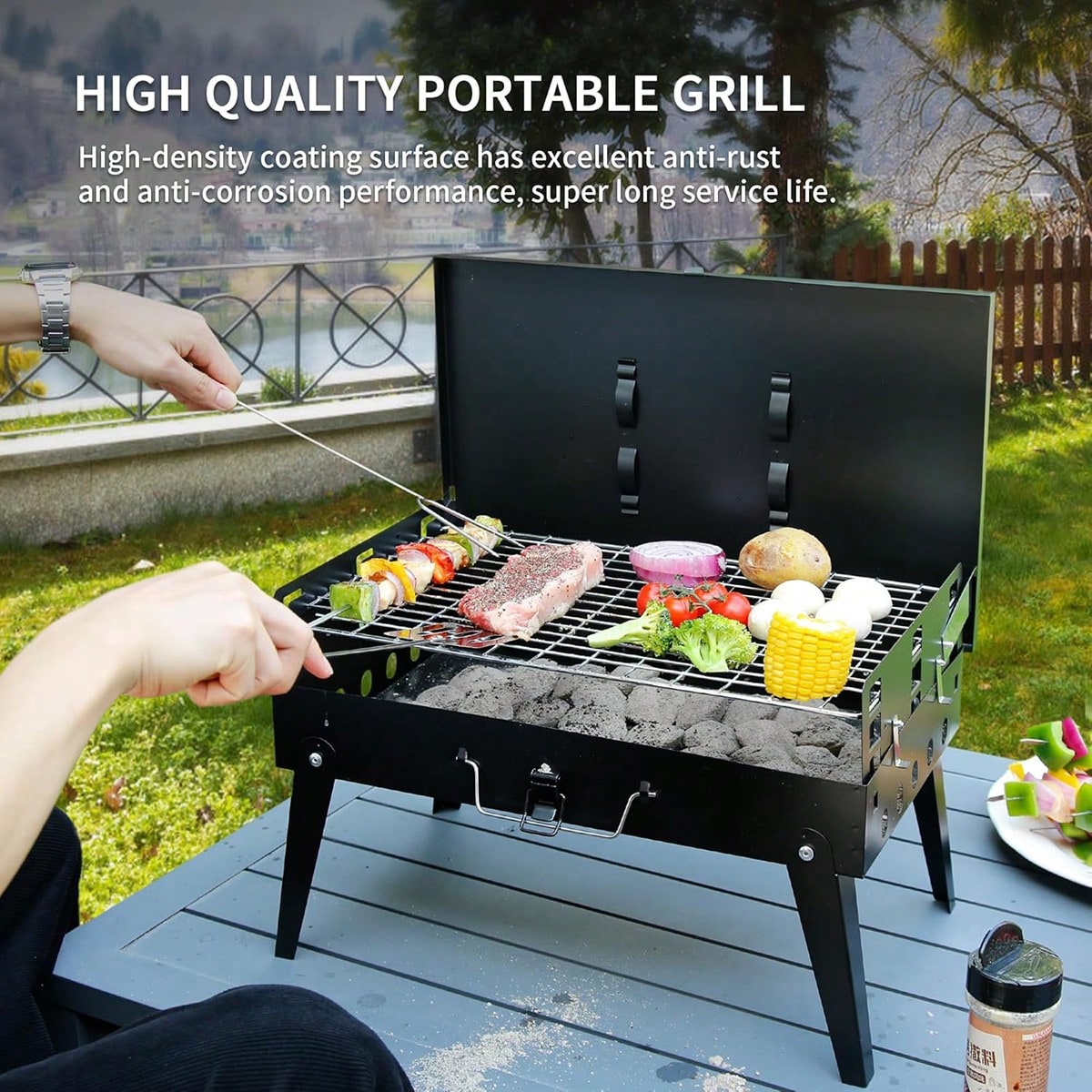 小型の携帯用炭火焼きグリル1台。折りたたみ式で、バーベキュー - Camping Hiking Cooking のレビューと価格