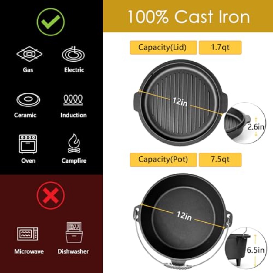 7クォート鋳鉄製ダッチオーブン、大型2in1キャンプ用プレシ - Camp Dutch Oven Cast のレビューと価格