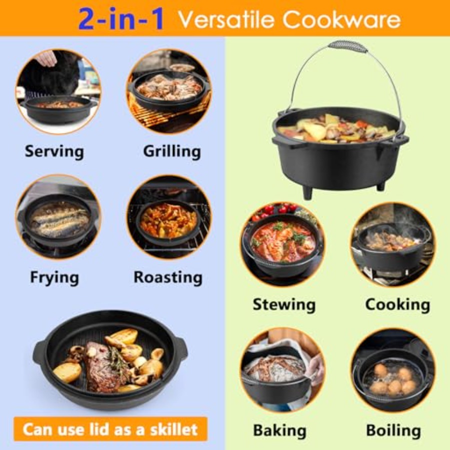 7クォート鋳鉄製ダッチオーブン、大型2in1キャンプ用プレシ - Camp Dutch Oven Cast のレビューと価格
